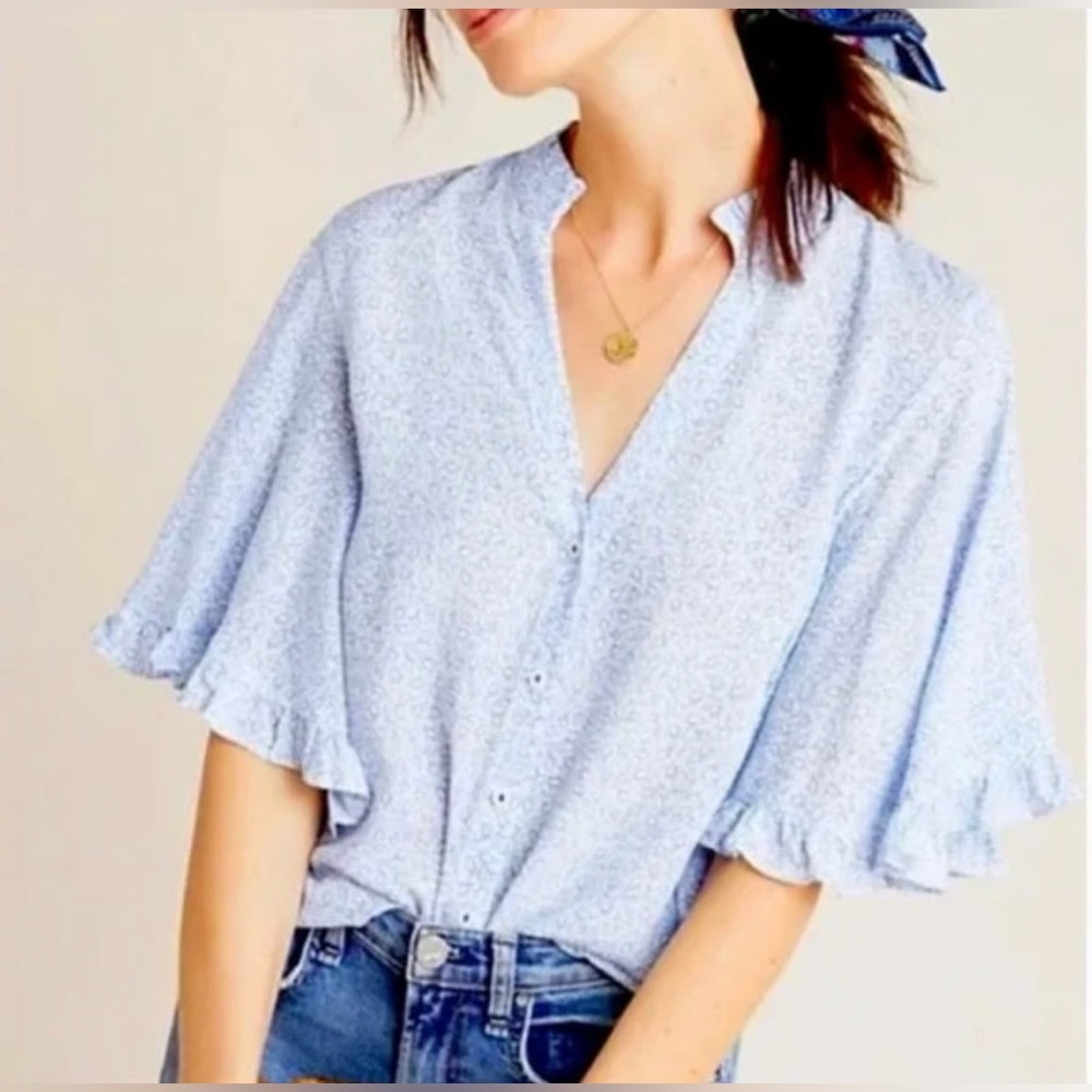 Maeve Light Blue Floral Ruffle Sleeve Blouse